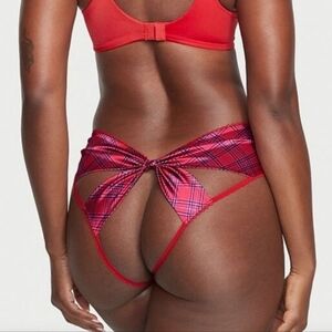 Victoria's Secret Red Plaid Very Sexy Satin Bow Cutout Open Back panty Medium
